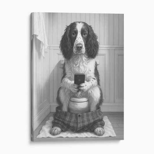 English Springer Spaniel Dog On The Phone On The Toilet