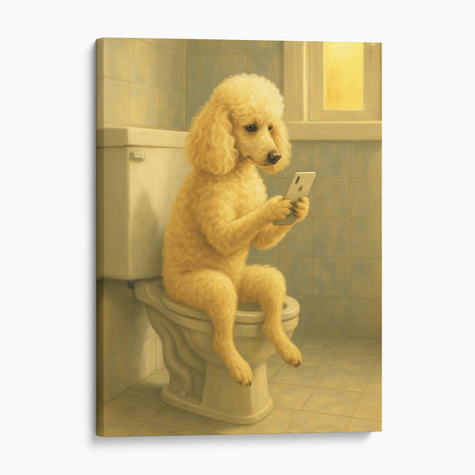 Poodle Dog On The Phone On The Toilet