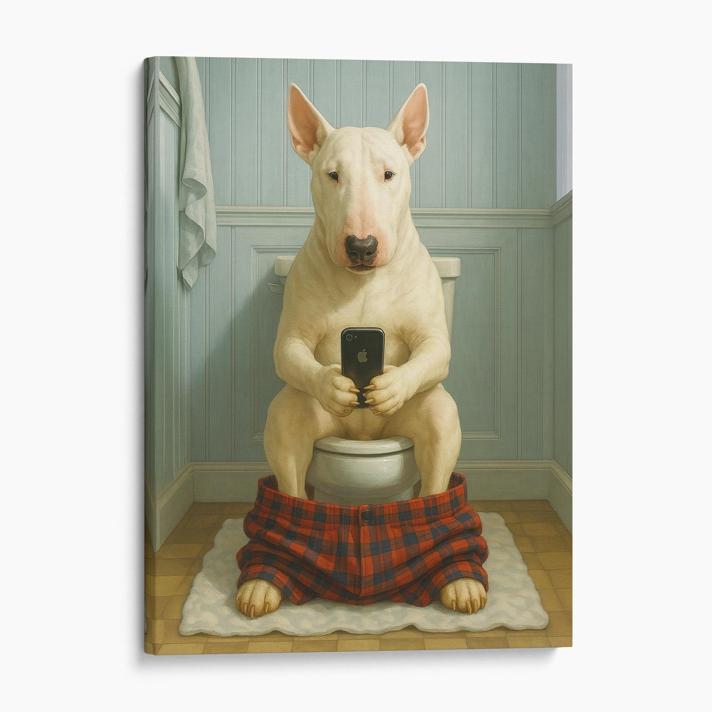 Bull Terrier Dog On The Phone On The Toilet