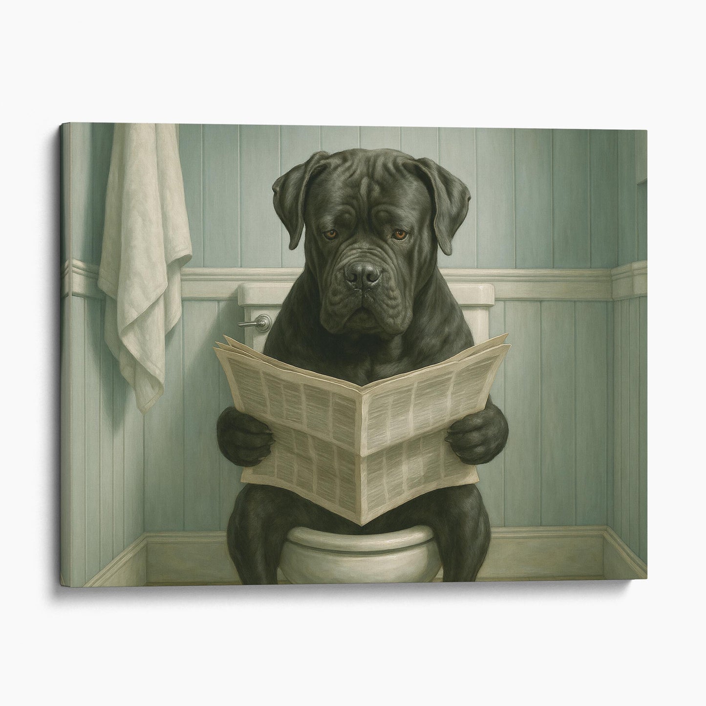 Cane Corso Dog Reading The Newspaper On The Toilet