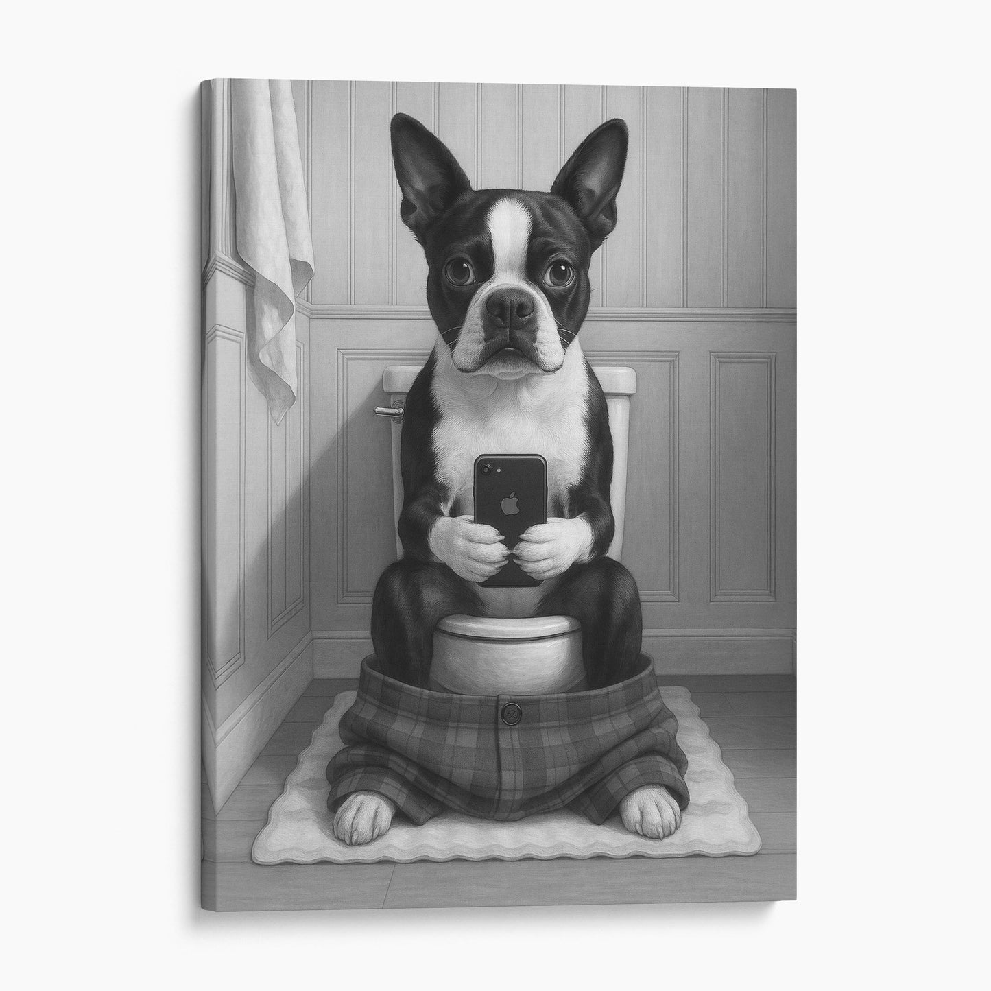Boston Terrier Dog On The Phone On The Toilet