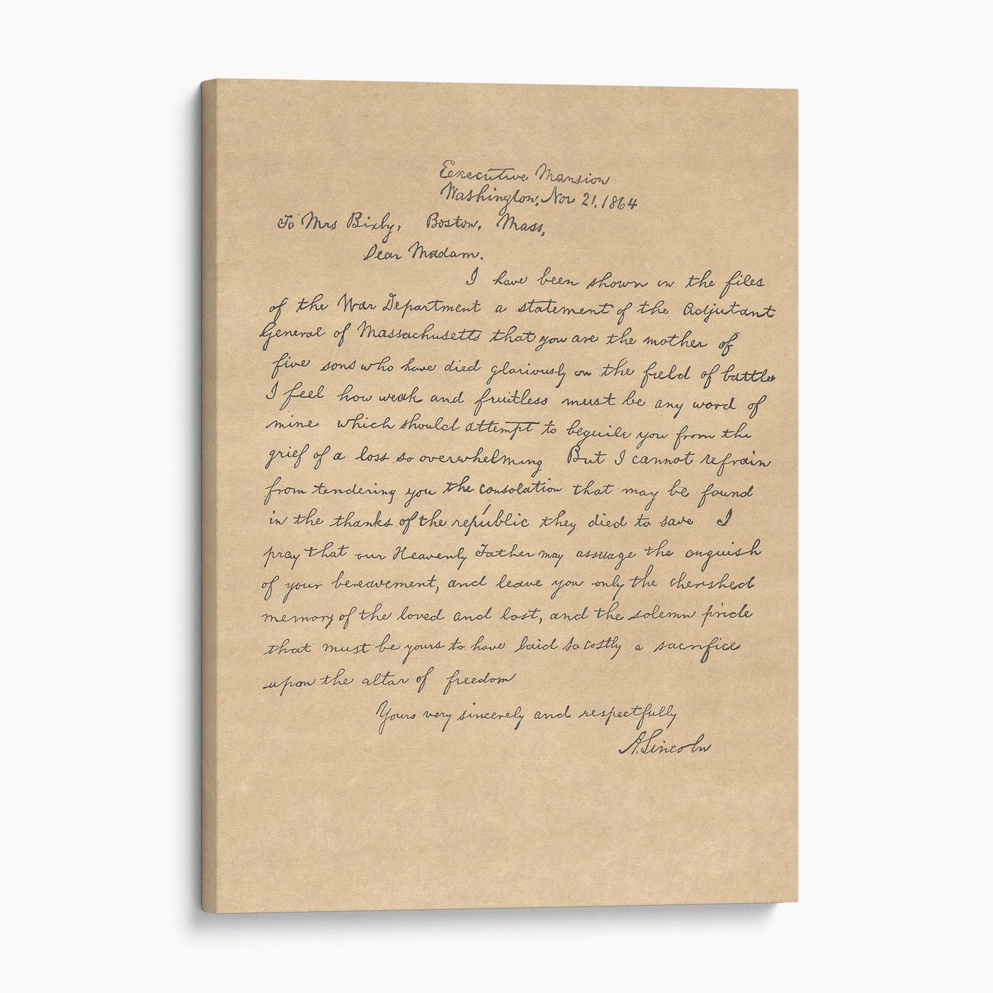 President Lincoln's Letter of Condolence to Mrs. Bixby, Civil War 1800s