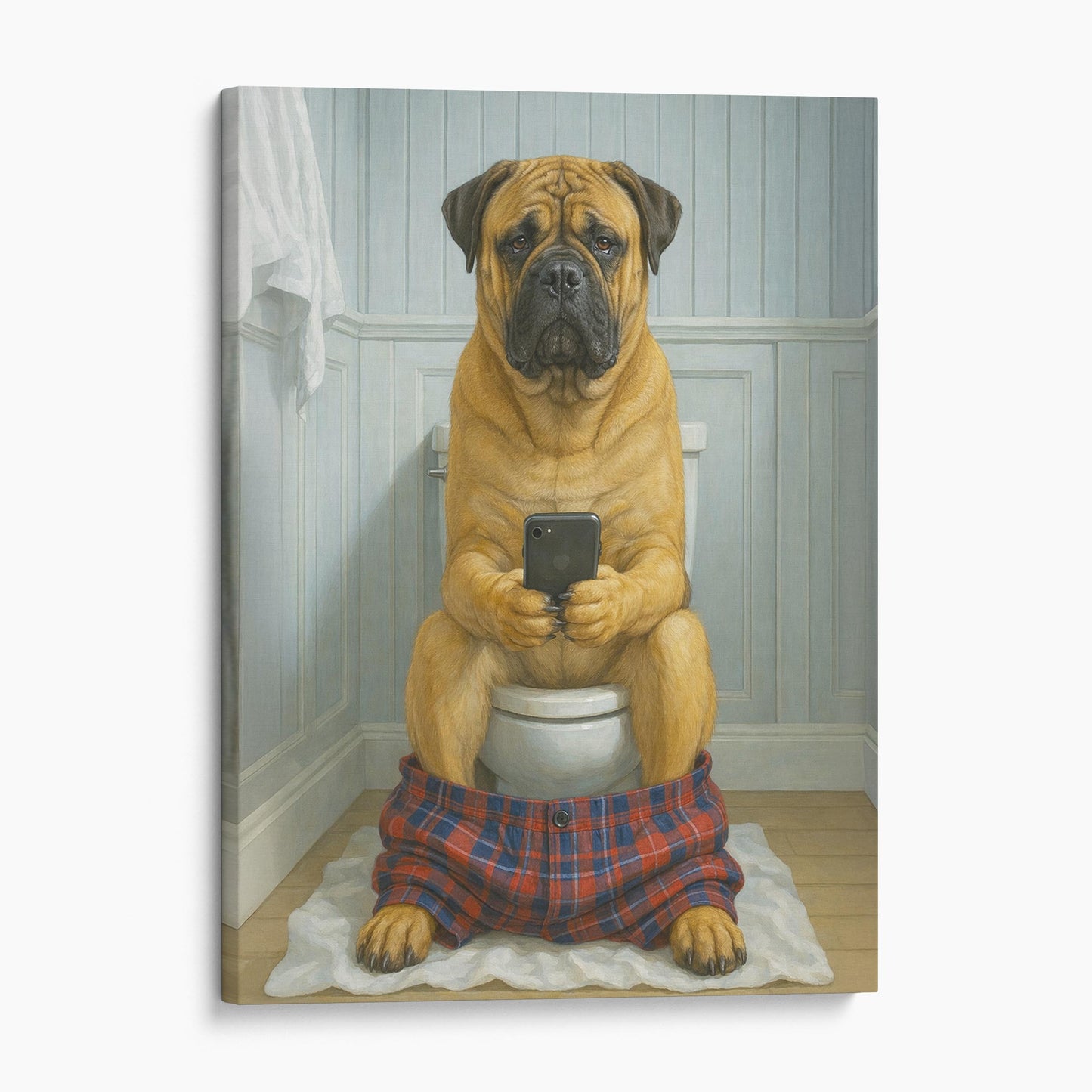 Bullmastiff On The Phone On The Toilet