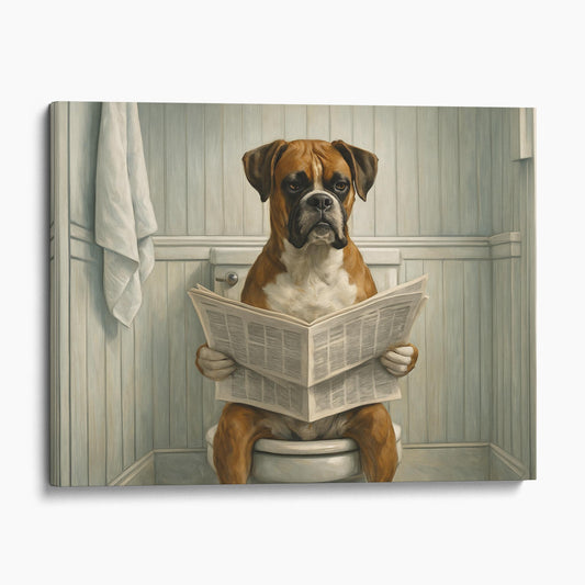 Boxer Dog Reading The Newspaper On The Toilet