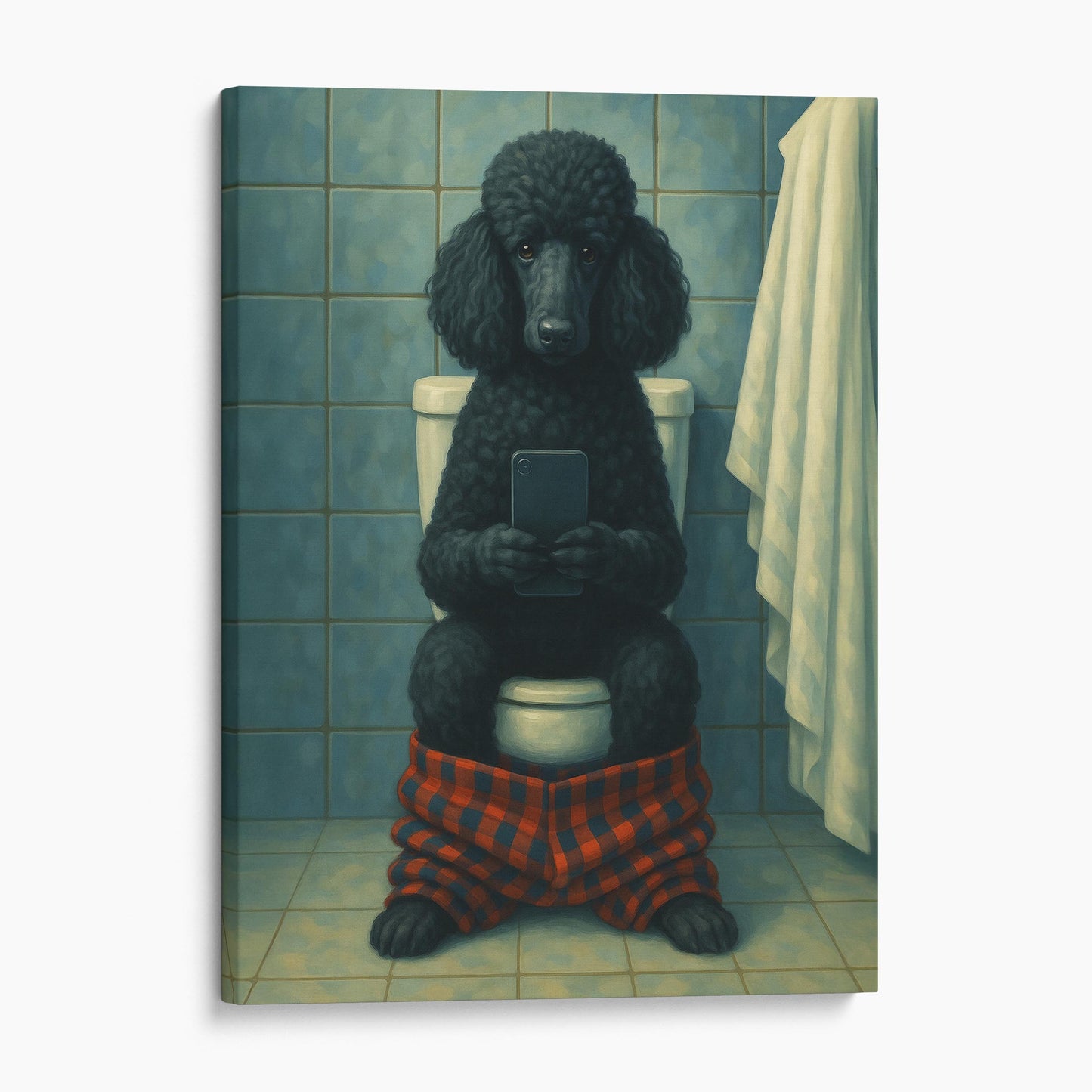 Black Poodle Dog On The Phone On The Toilet