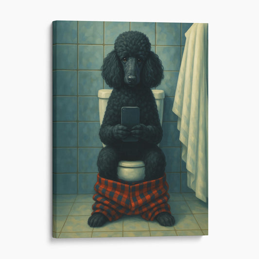 Black Poodle Dog On The Phone On The Toilet