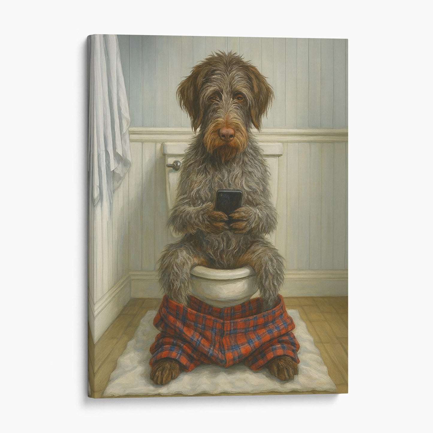 Wirehaired Pointing Griffon Dog On The Phone On The Toilet