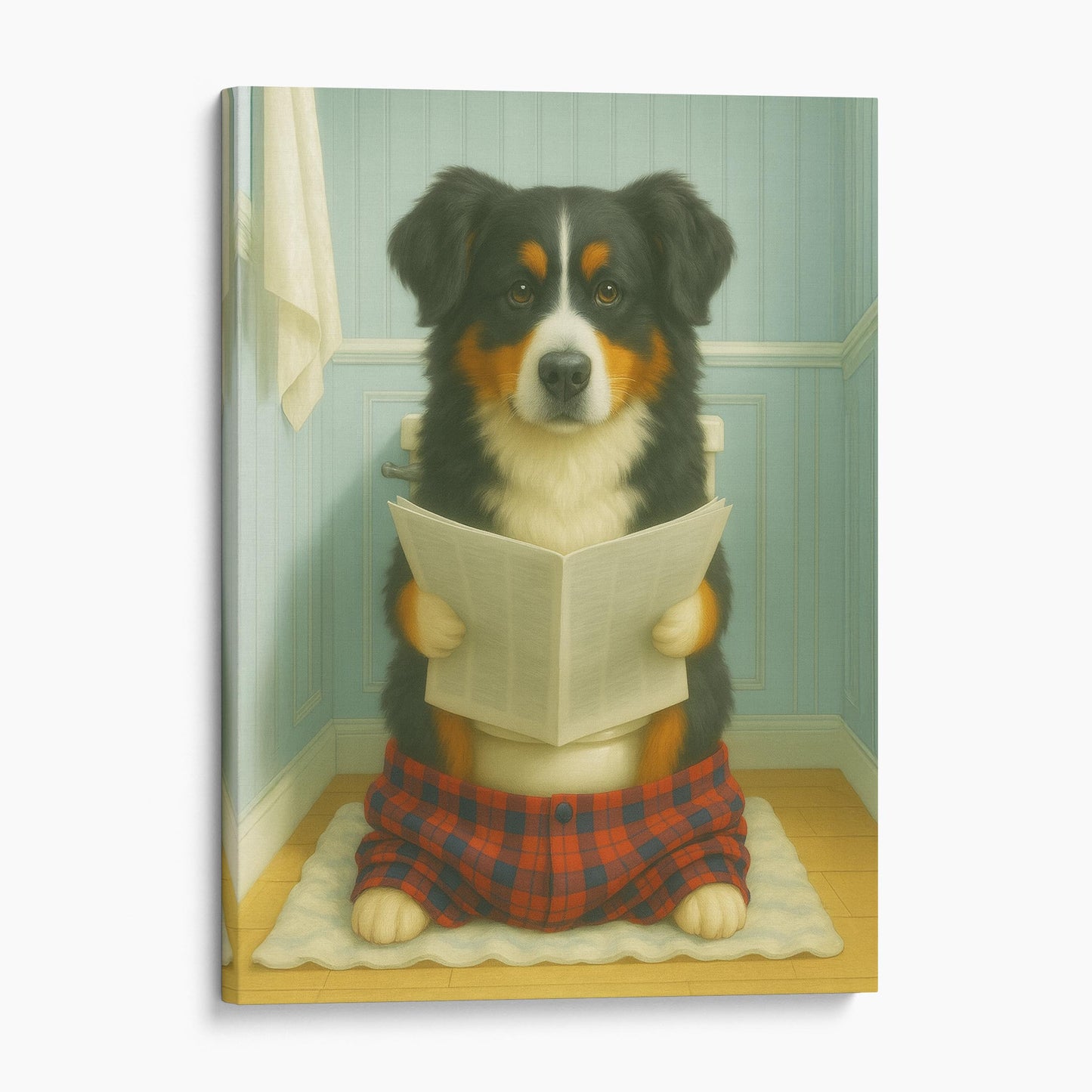 Bernese Mountain Dog Reading The Newspaper On The Toilet