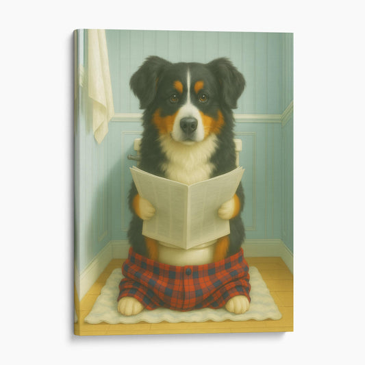 Bernese Mountain Dog Reading The Newspaper On The Toilet
