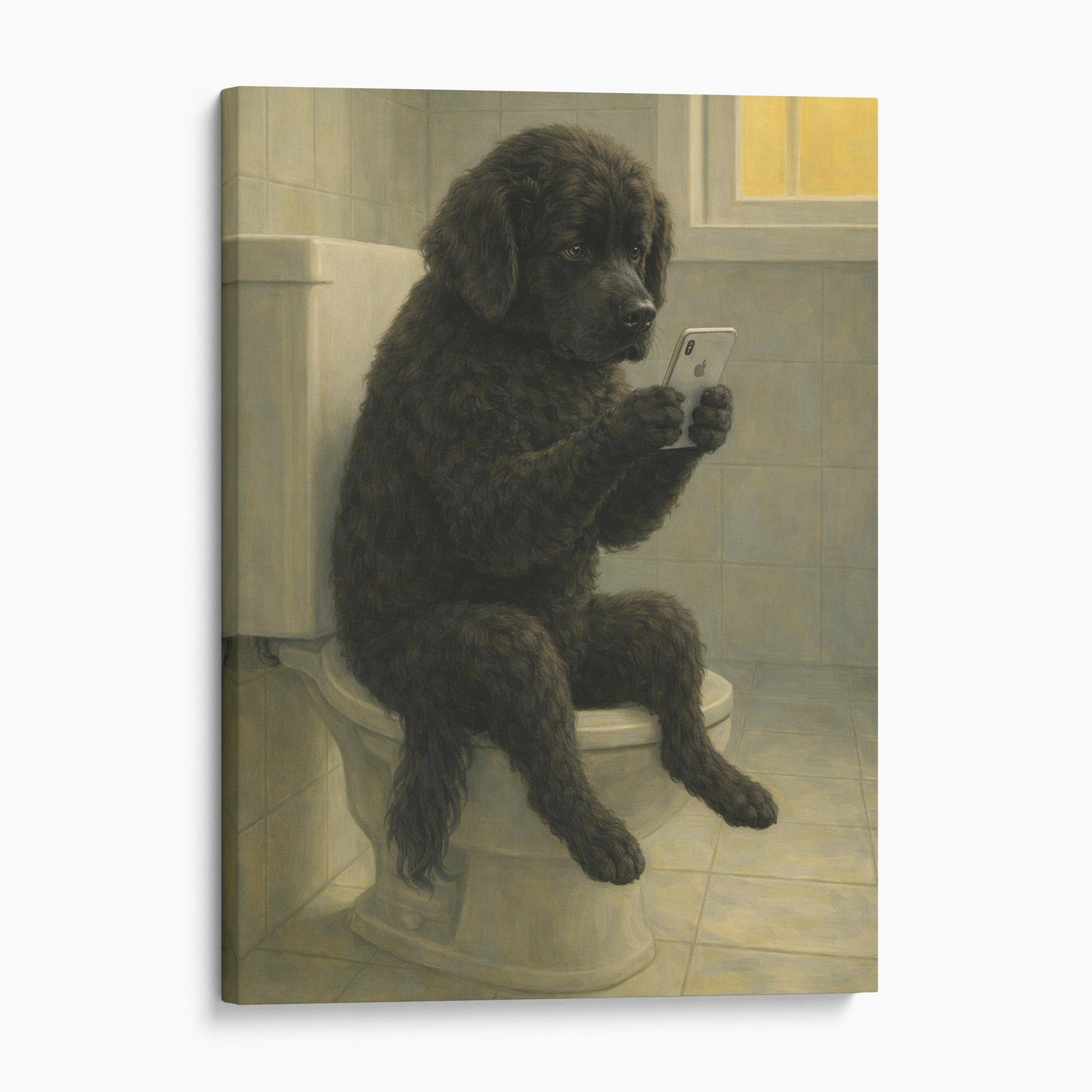 Newfoundland Dog On The Phone On The Toilet