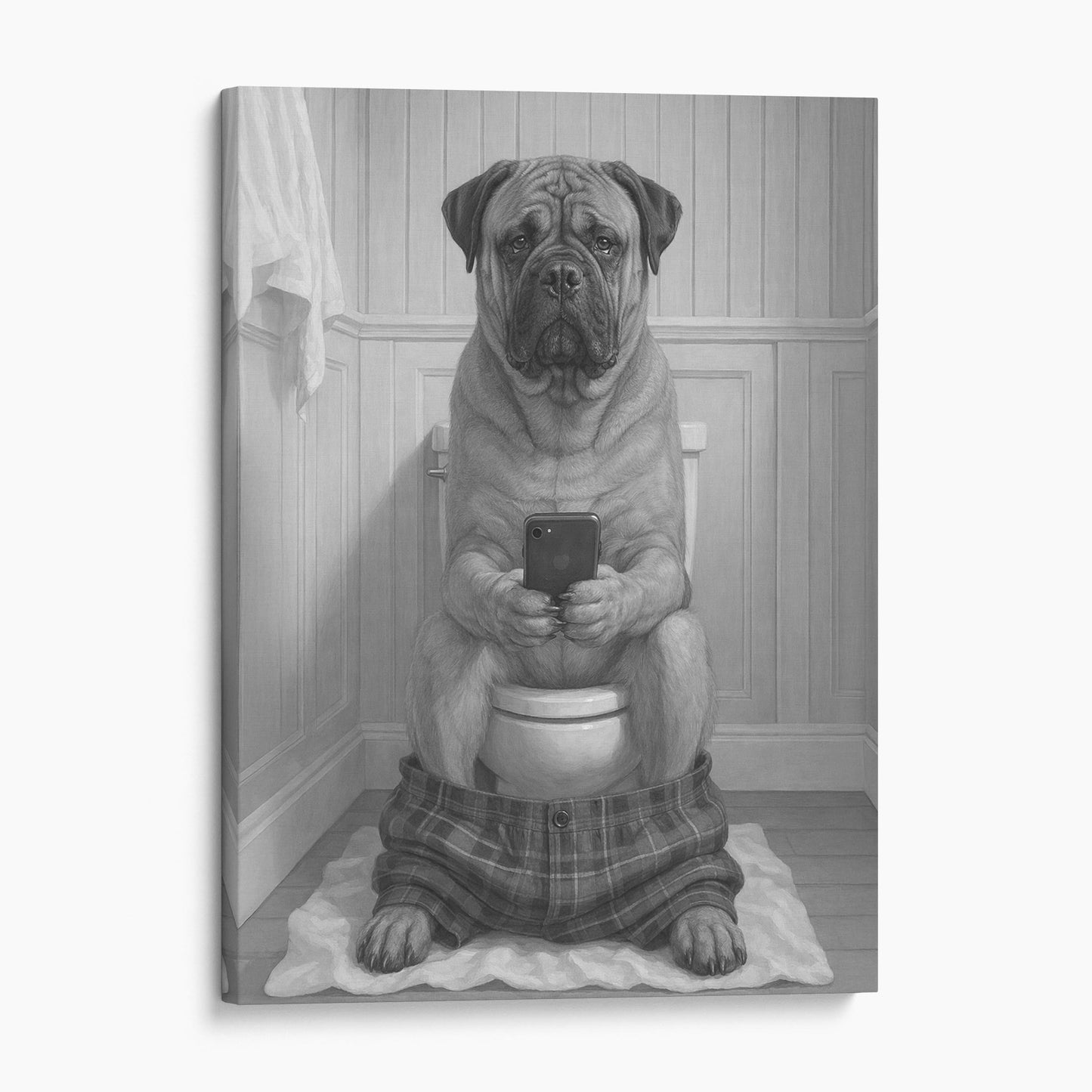 Bullmastiff Dog On The Phone On The Toilet
