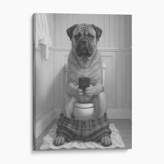 Bullmastiff Dog On The Phone On The Toilet