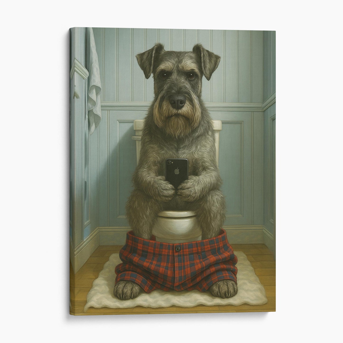 Standard Schnauzer Dog On The Phone On The Toilet