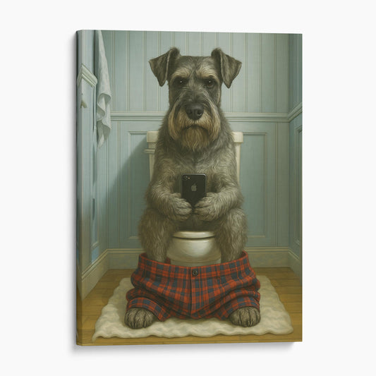 Standard Schnauzer Dog On The Phone On The Toilet