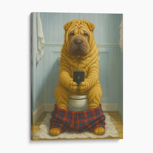 Chinese Shar-Pei Dog On The Phone On The Toilet