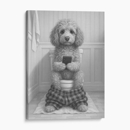 Cockapoo Dog On The Phone On The Toilet