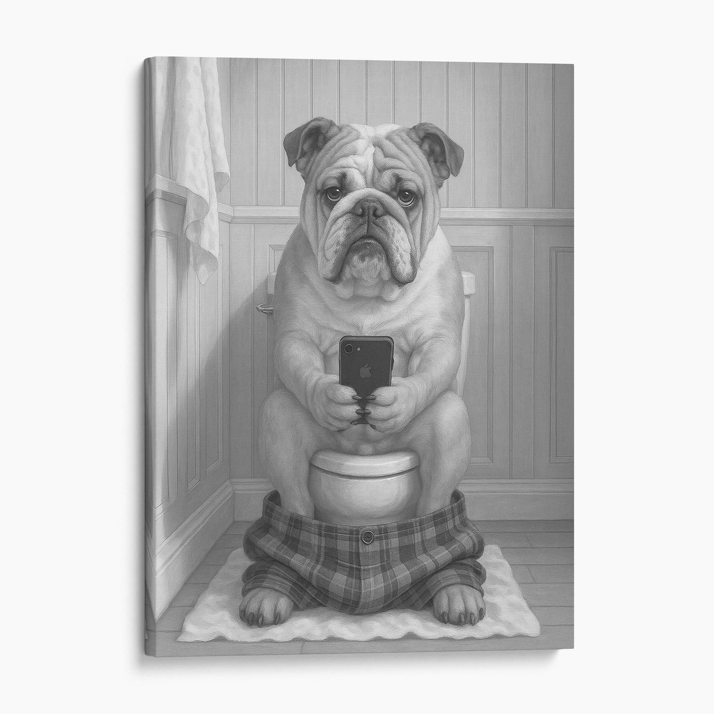 Bulldog On The Phone On The Toilet