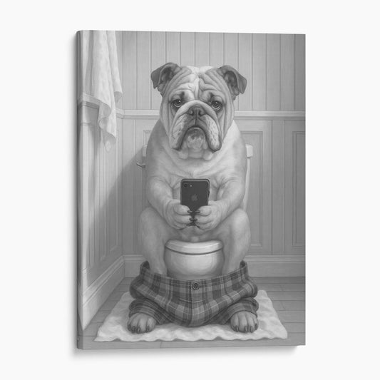Bulldog On The Phone On The Toilet