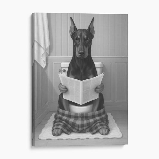 Dobermann Dog Reading The Newspaper On The Toilet
