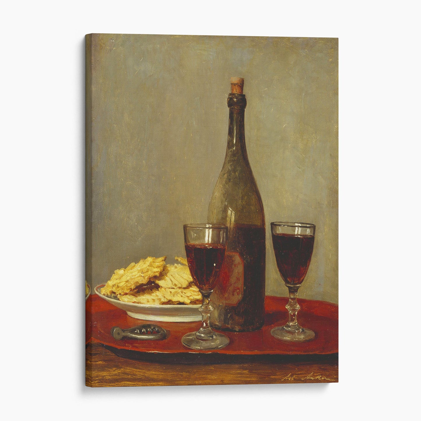 Still Life: Two Glasses of Red Wine, a Bottle of Wine, a Corkscrew and a Plate of Biscuits on a Tray by Albert Anker