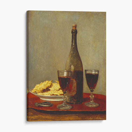 Still Life: Two Glasses of Red Wine, a Bottle of Wine, a Corkscrew and a Plate of Biscuits on a Tray by Albert Anker