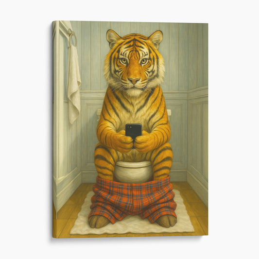 Tiger On The Phone On The Toilet