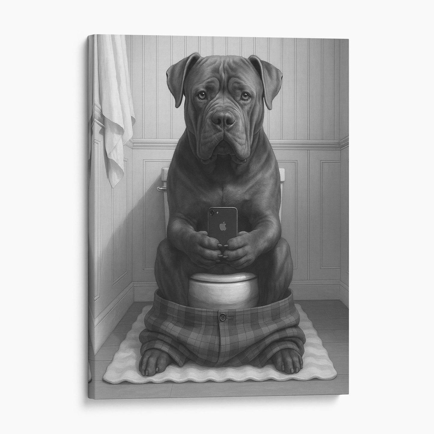Cane Corso Dog On The Phone On The Toilet