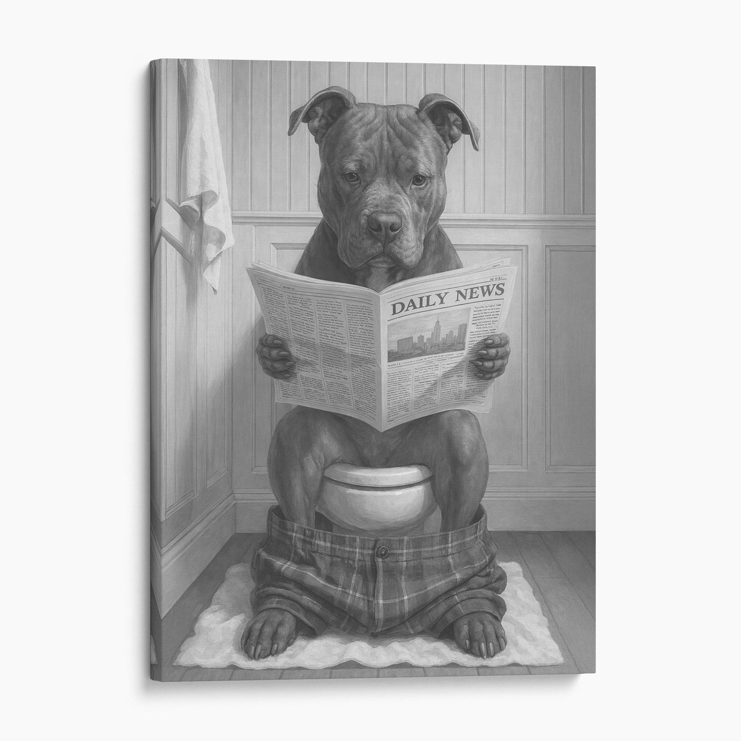 Pit Bull Terrier Reading The Newspaper On The Toilet