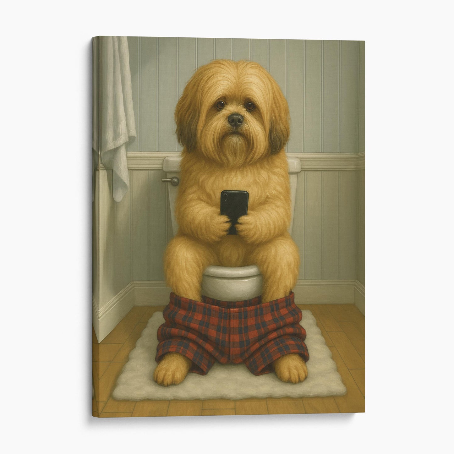 Lhasa Apso Dog On The Phone On The Toilet