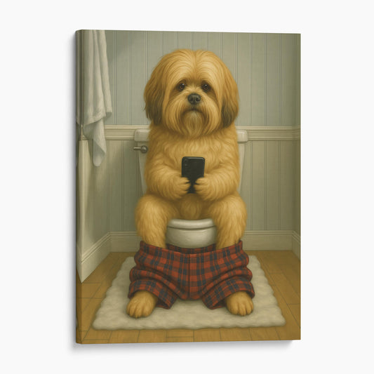 Lhasa Apso Dog On The Phone On The Toilet