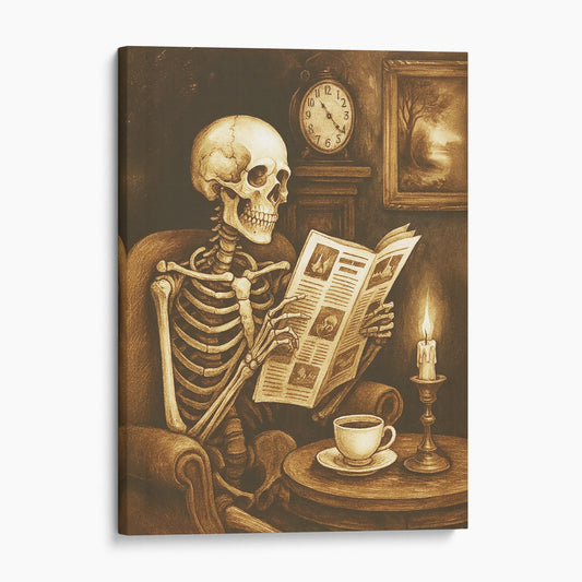 Skeleton Reading The Newspaper With A Coffee