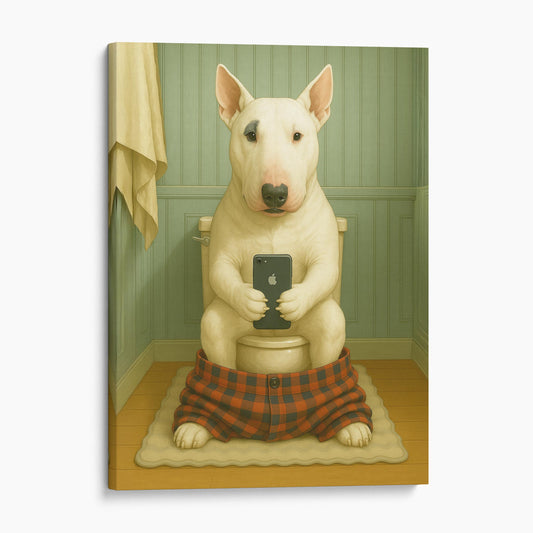 Bull Terrier Dog On The Phone On The Toilet