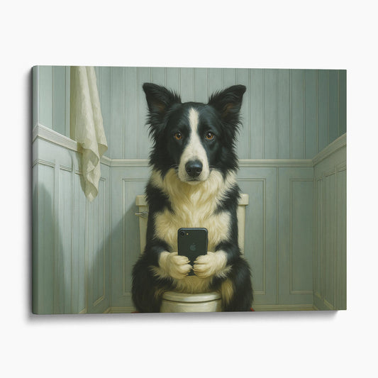 Border Collie Dog On The Phone On The Toilet