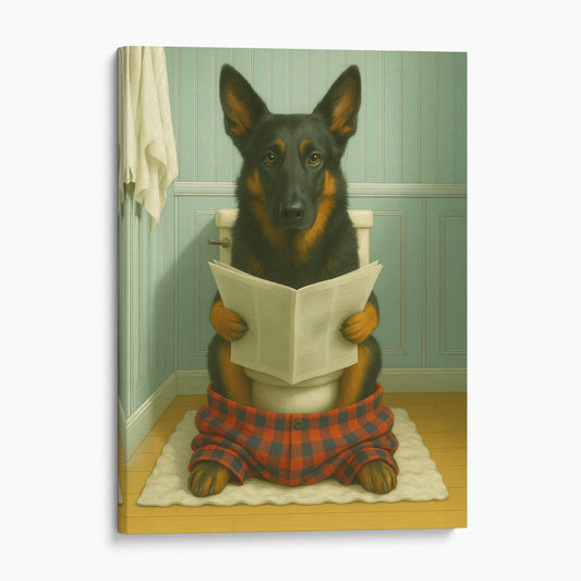 Belgian Shepherd Dog Reading The Newspaper On The Toilet