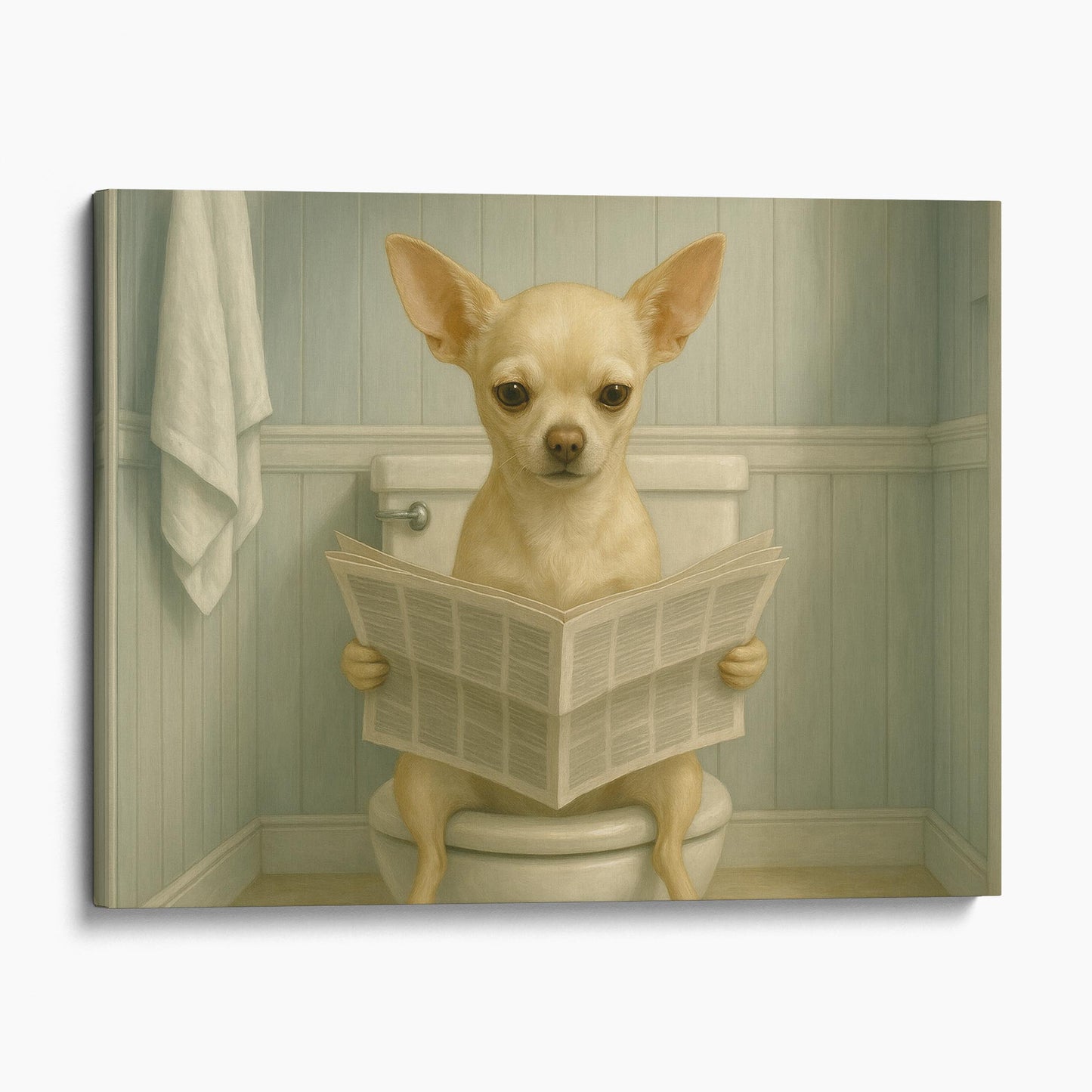 Chihuahua Dog Reading The Newspaper On The Toilet II
