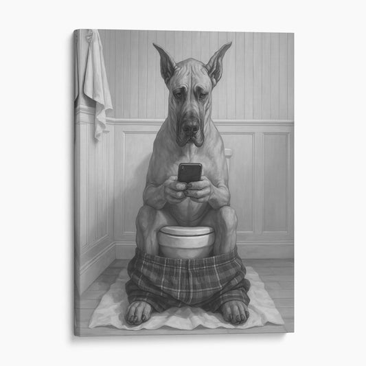 Great Dane Dog On The Phone On The Toilet
