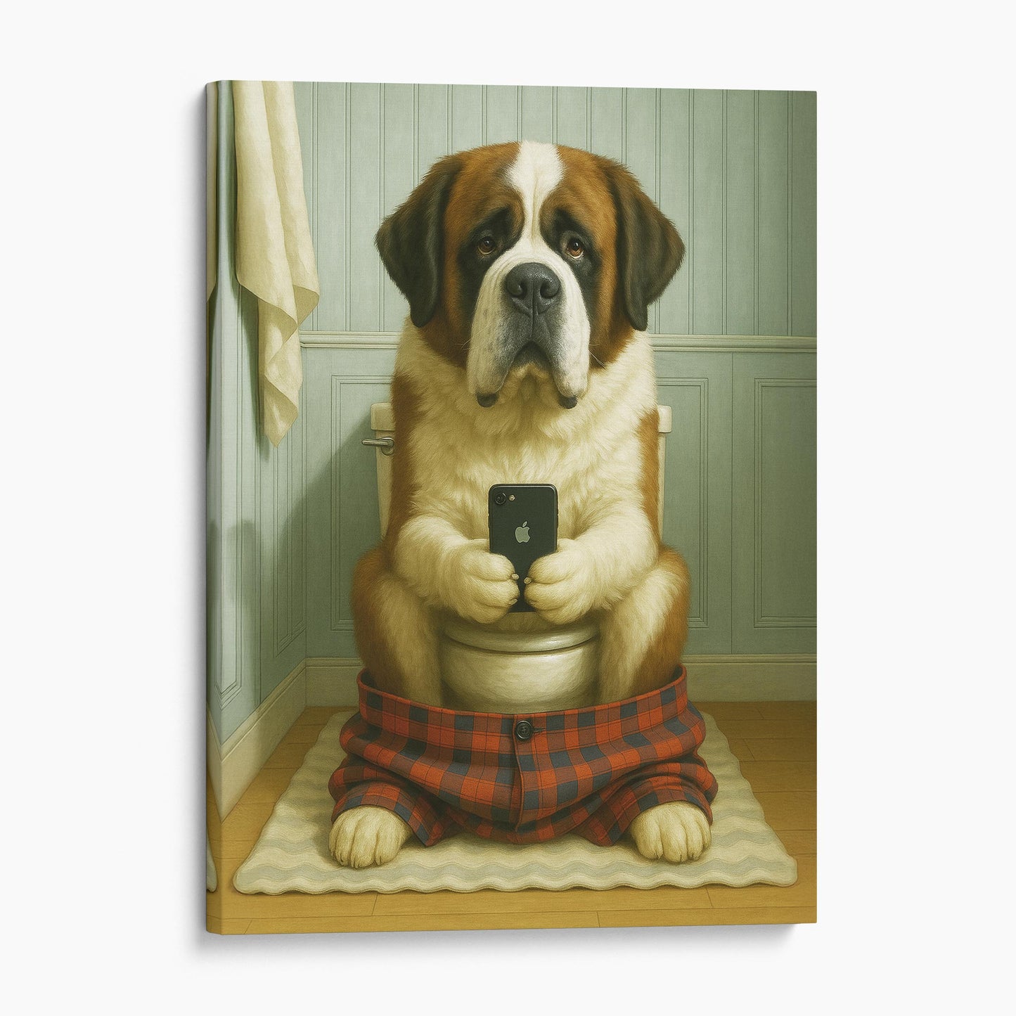 St. Bernard Dog On The Phone On The Toilet