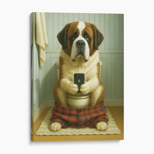 St. Bernard Dog On The Phone On The Toilet