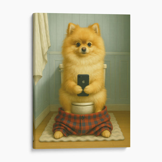 Pomeranian Dog On The Phone On The Toilet