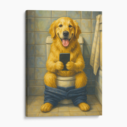 Golden Retriever On The Toilet On The Phone