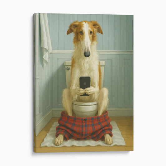 Borzoi Dog On The Phone On The Toilet