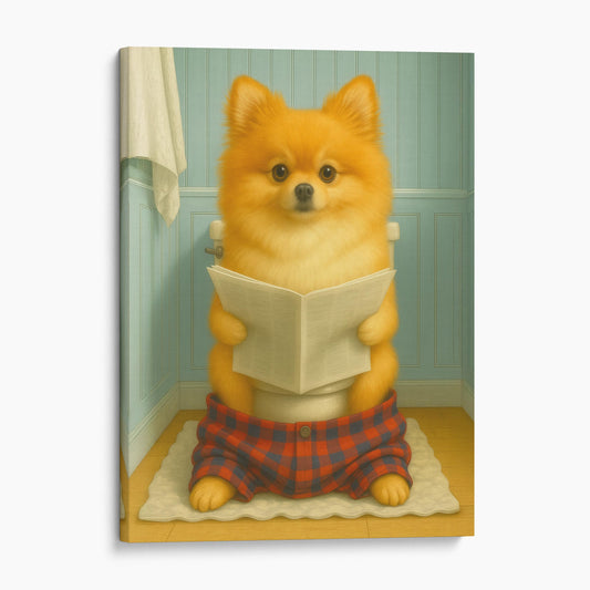 Pomeranian Dog Reading The Newspaper On The Toilet