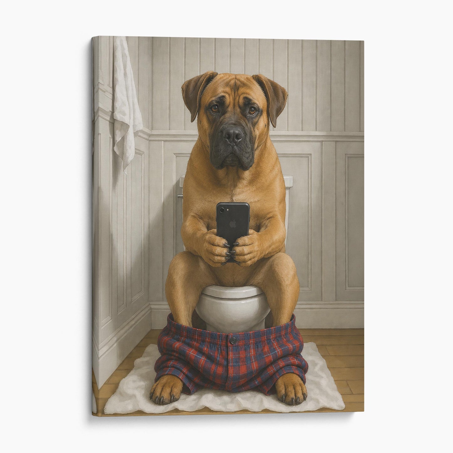 Boerboel Dog On The Phone On The Toilet