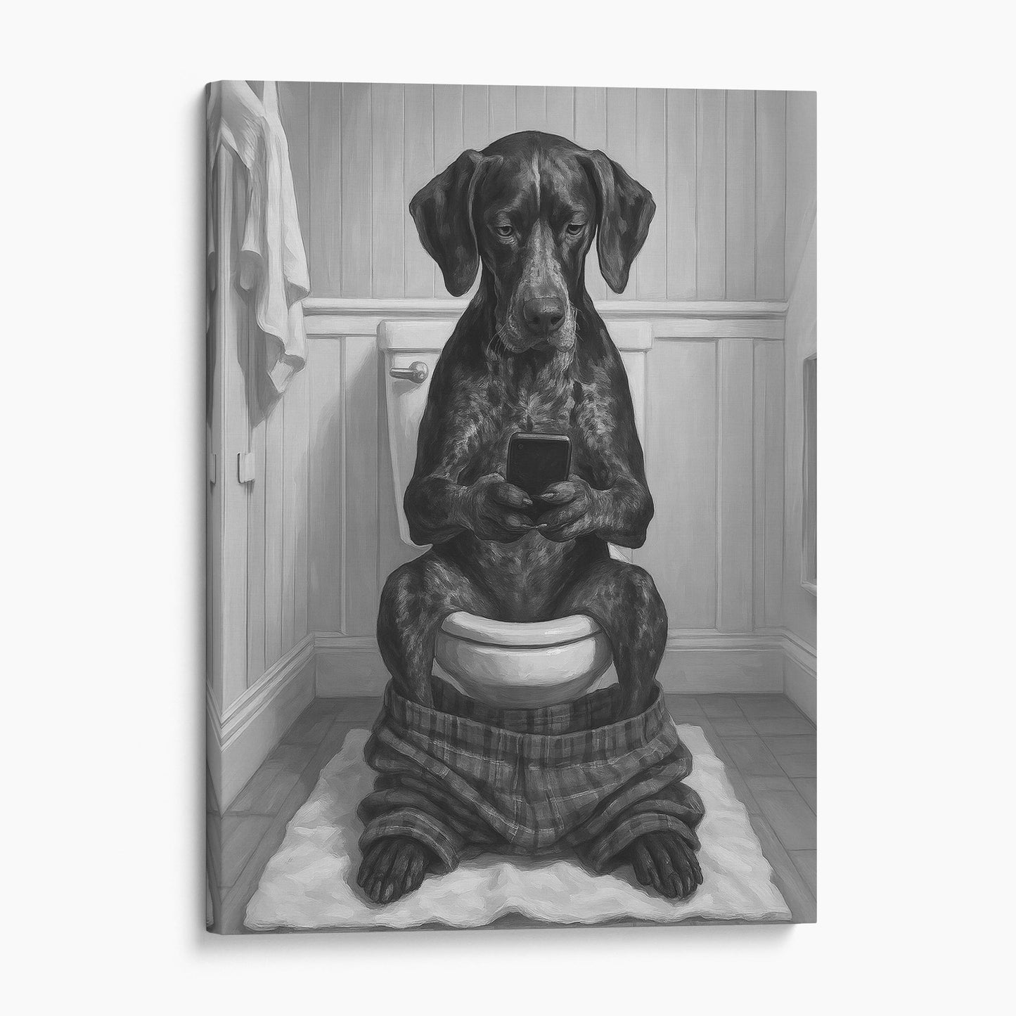 German Shorthaired Pointer Dog On The Phone On The Toilet