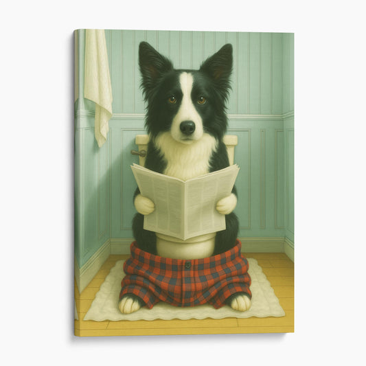 Border Collie Dog Reading The Newspaper On The Toilet