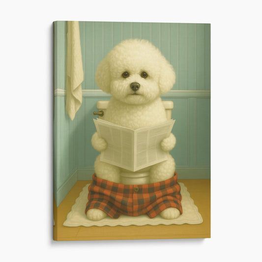 Bichon Frise Dog Reading The Newspaper On The Toilet