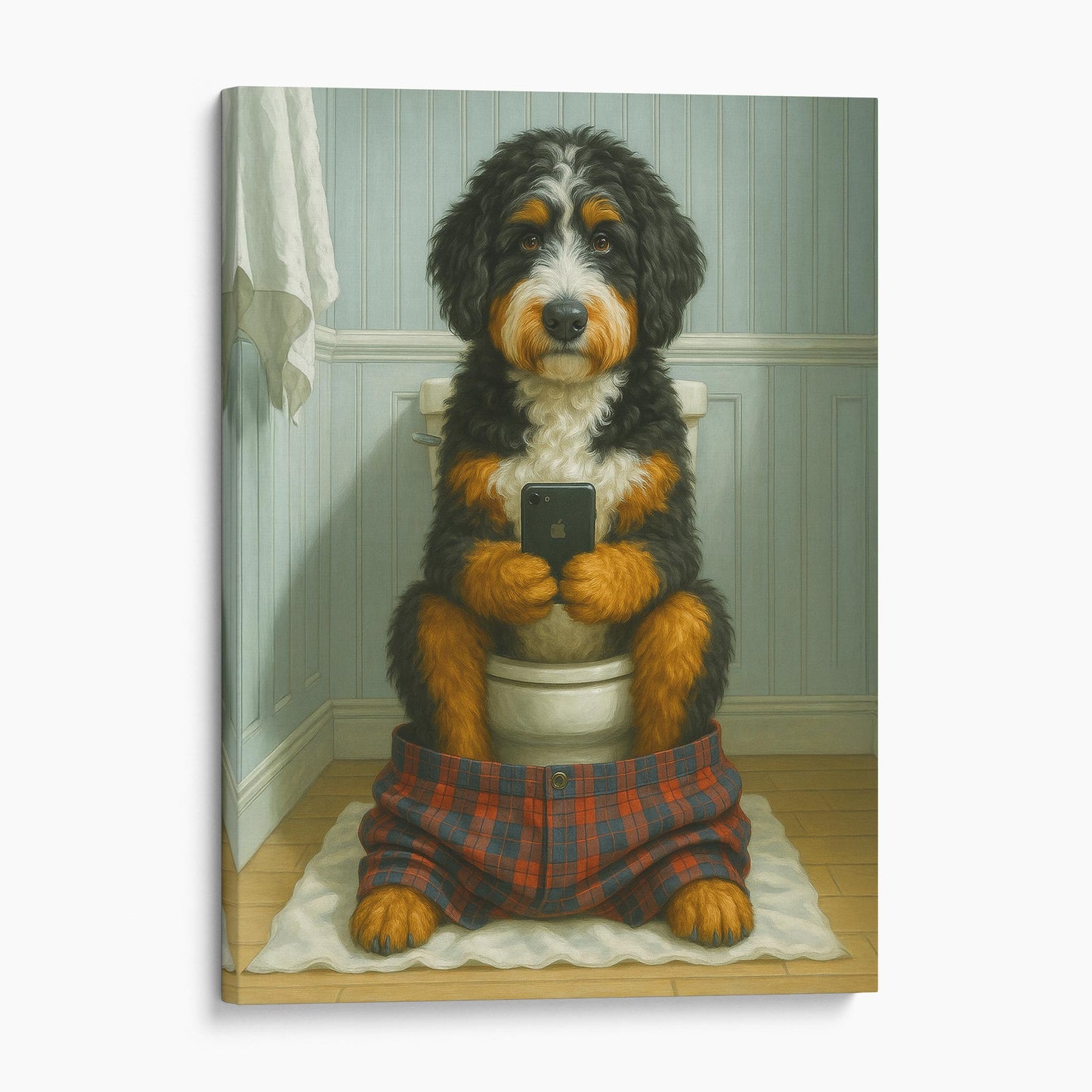 Bernedoodle Dog On The Phone On The Toilet