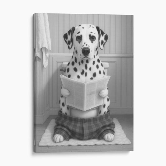 Dalmatian Dog Reading The Newspaper On The Toilet