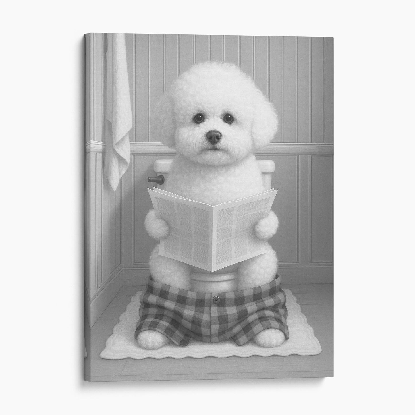 Bichon Frise Dog Reading The Newspaper On The Toilet