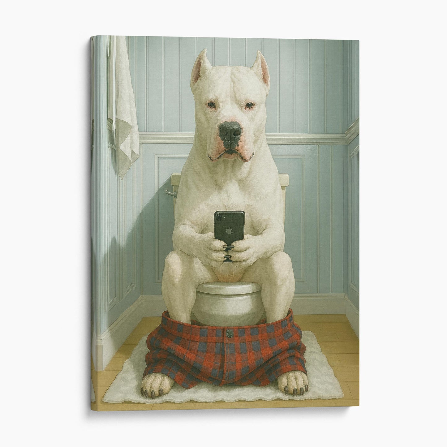 Dogo Argentino Dog On The Phone On The Toilet